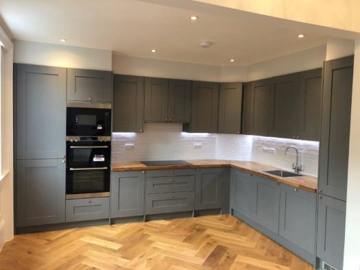 Unused Modern Shaker Style Wood Blue / Grey Kitchen with Solid Oak ...