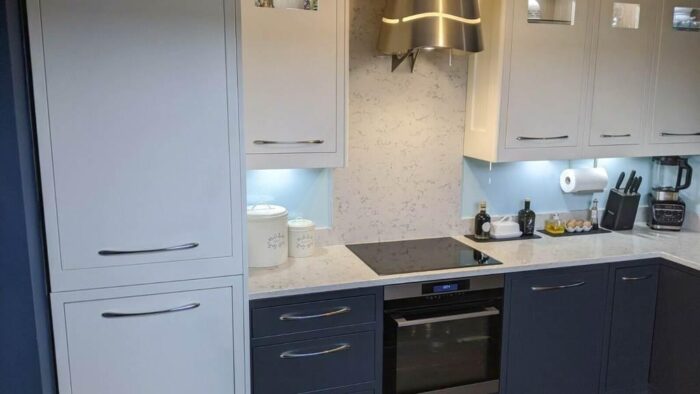 Ex Display In-Frame Blizzard White & Fired Charcoal Kitchen with Dovetail Solid Oak Drawers