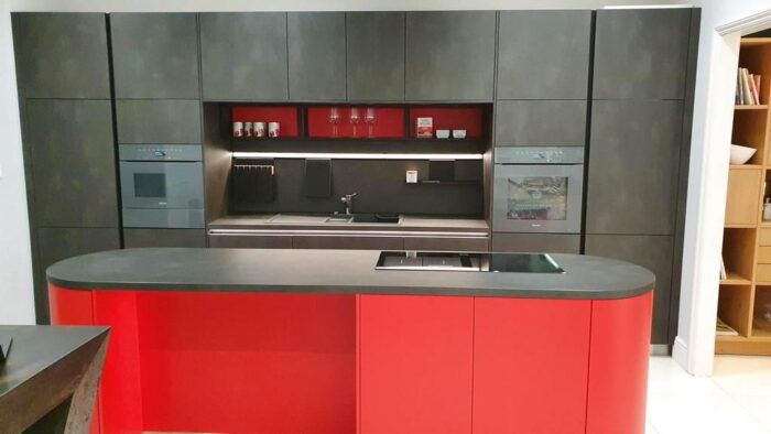 Schuller Steel Dark Effect & Fiery Red Satin Ex Dsiplay Kitchen