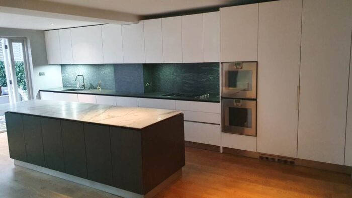 Boffi Handless Light Off White & Wood Veneer Kitchen & Island with Gaggenau Appliances