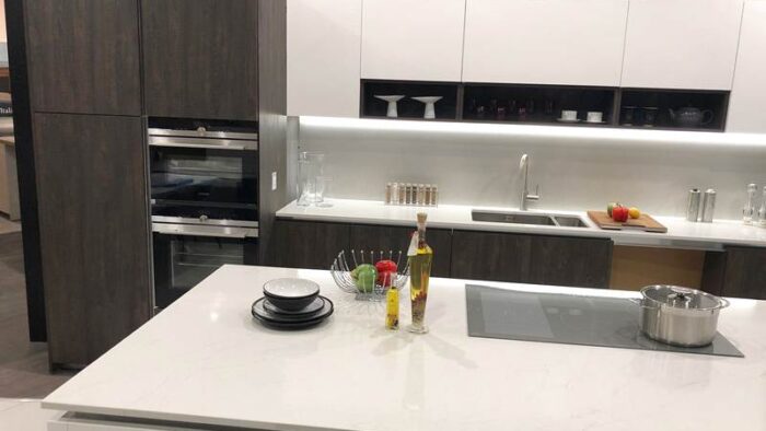 Ex Display Axis Matt White & Laminate Wood Kitchen with Island