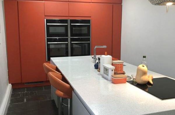 Matt Orange & Light Grey Handless Modern Kitchen & Island