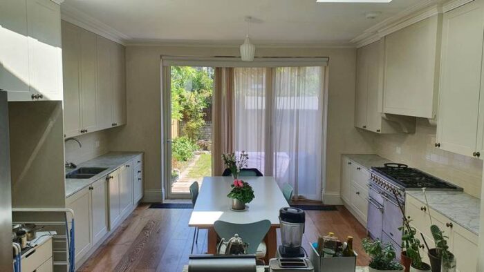 F&B Shaded White Matt Shaker Kitchen with Stone Worktops