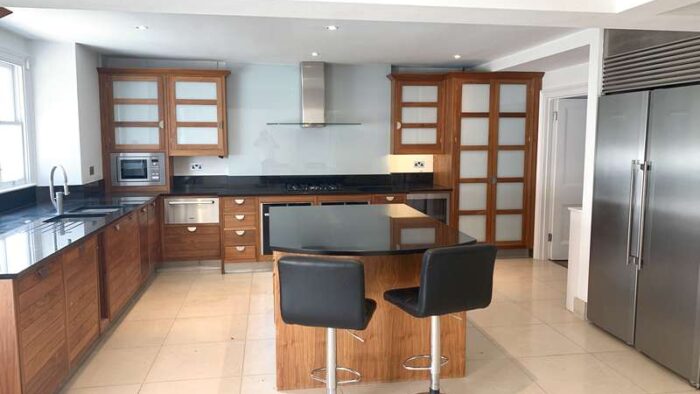 Walnut & Glass Bespoke Wood Dovetail Joint Kitchen + Island