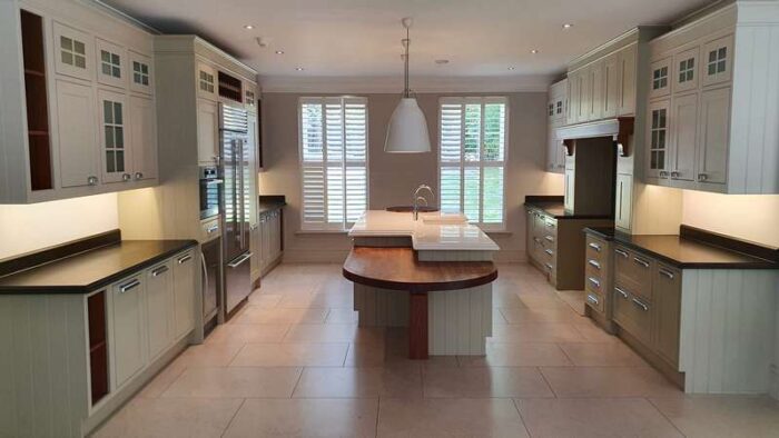 Inframe Shaker Painted Wood Olive Taupe Kitchen with Thick Worktops & Appliances