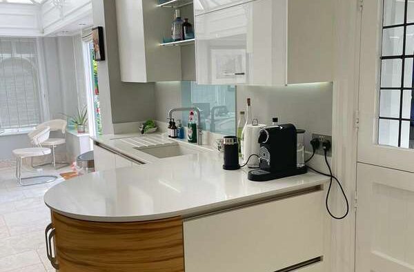 John Ladbury Modern White Gloss & Timber effect Kitchen Granite Worktops