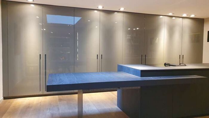 Modulnova SP29 Gloss Laquer Grey Kitchen & Island with Blade Pocket Doors