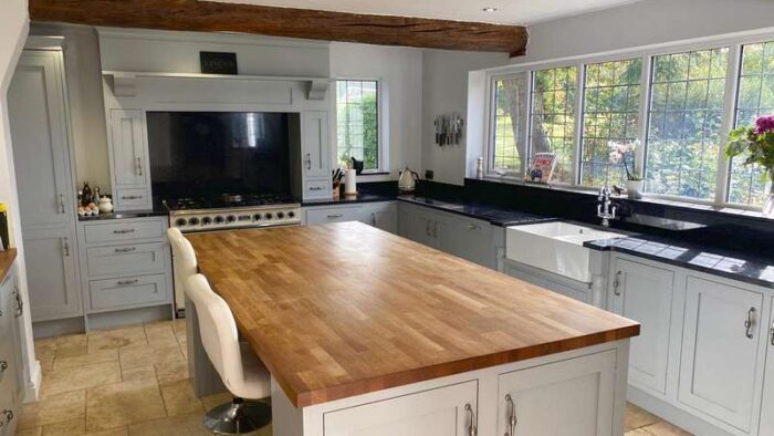 Little Greene Urban Grey Painted Bespoke Hand Made Wood Kitchen with Granite, Oak worktops