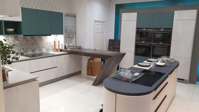 Ex Display Hacker Comet Putty Concrete Opal Grey & Aquamarine Kitchen