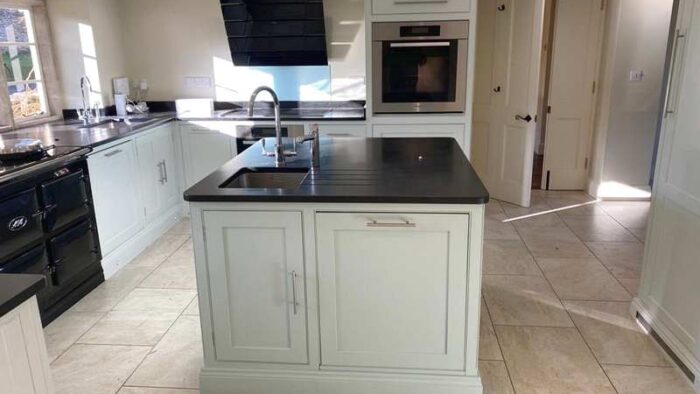 Handpainted Duck Egg Blue Wood Kitchen with Black Granite & Miele Appliances