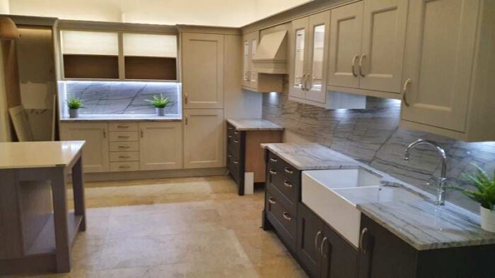 Ex Display Nolte Traditional Shaker Light & Dark Grey Kitchen with Stone Worktops