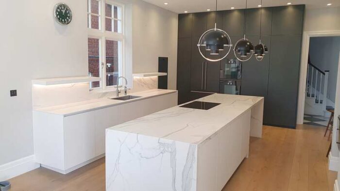 Modulnova Matt White & Dark Grey kitchen & Island with Dekton & Corian Worktops, Gaggenau Appliances