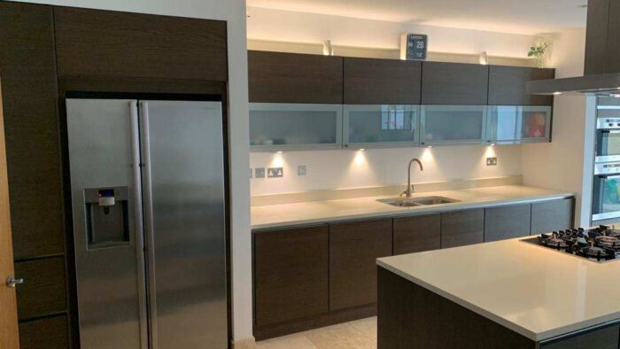 Bespoke Modern Walnut Grain Kitchen & Island Miele Neff Appliances Granite Worktops