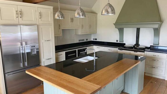 Bespoke Oak Wooden Door Sage Green & Cream Shaker Kitchen & Island