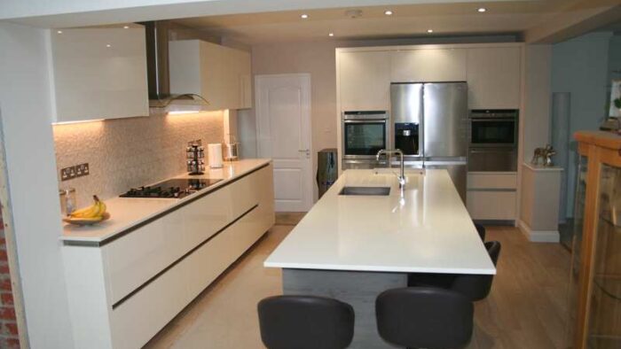 Rotpunkt Gloss Ivory Handleless, Grey Oak Trim Kitchen & Island