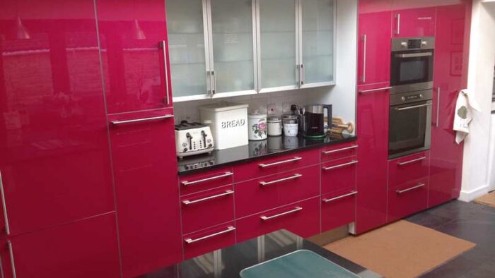 Ikea Aubergine Gloss & Glass Kitchen Appliances & Granite Worktops