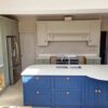 Inframe Wood Painted Tan Grey / Blue / Sage Green F&B Kitchen & Island with Caesarstone.