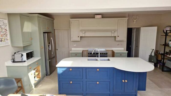 Inframe Wood Painted Tan Grey / Blue / Sage Green F&B Kitchen & Island with Caesarstone.