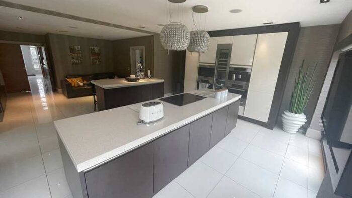 Large Siematic Walnut & Buttercream Gloss Kitchen + Island & Utility Room