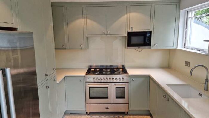 Mereway Light Sage Oak Wood Painted Inframe Shaker Kitchen with Quartz Worktops & Appliances