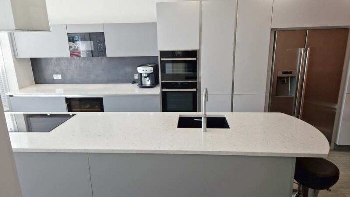 Schmidt Matt Celest Blue & Matt Cloud Kitchen & Island, Silestone Worktops