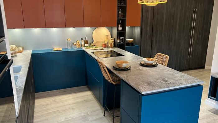 Ex Display Hacker Pocket Door Okobo Grey Black - Ocean Blue - Copper Brown Kitchen & Peninsular