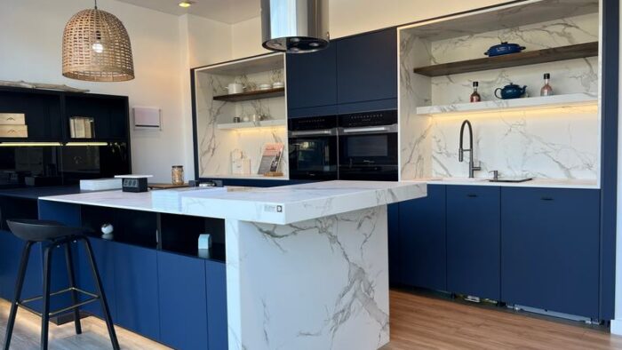 Ex Display Mobalpa Lux Fenix Blue Allure Oak Kitchen & Peninsular Dekton Worktops