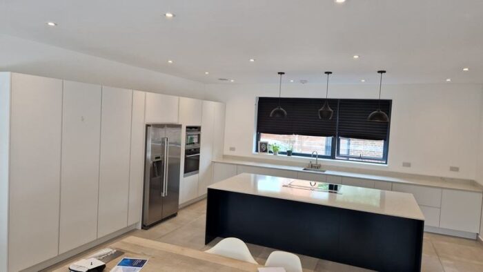 Large Modern Matt Blue & White Kitchen & Island Miele Appliances & Stone Worktops