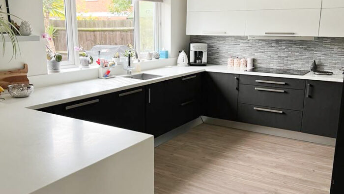 White & Mocha Matt Modern Kitchen + Bosch Appliances Corian Worktops