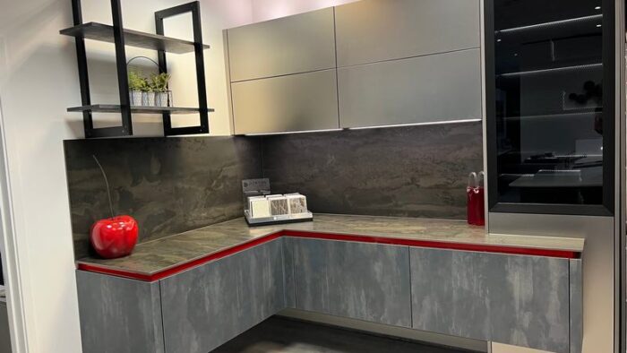 Ex Display Rotpunkt Floating Iron Blue Steel & Jewel Pearl Corner Display Dekton Worktops