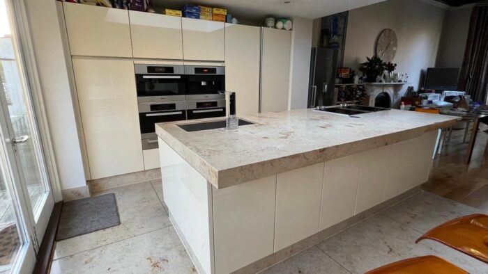 Siematic Buttercream Gloss Channel Handle Kitchen & Island Miele Gaggenau Appliances Limestone Worktop