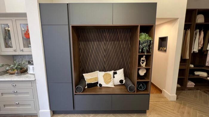 Ex Display Hacker Porto Handless Graphite & Walnut Boot Room Nook inc Seating Area - Boot Storage - Hanging Cupboard Space