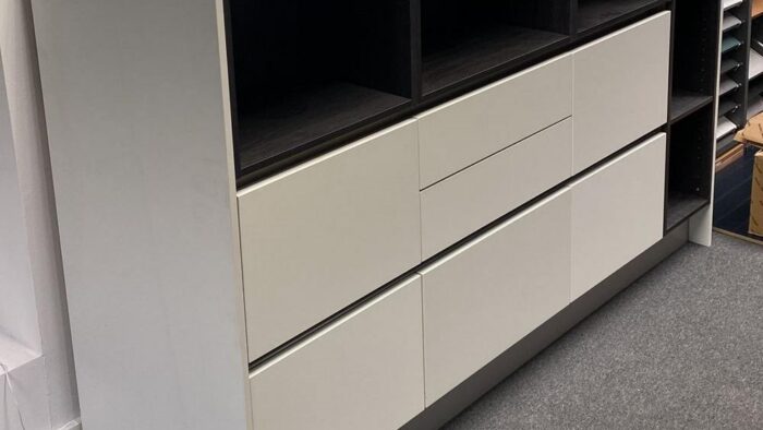 Ex Display Hacker White Gloss Terra Oak Open Shelving Drawer Unit