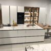 Ex Display Large Miton Menta Matt White Luna Natural Walnut Kitchen & Island Bosch Appliances Statuario Altissimo 12mm Polished Porcelain Worktops