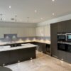 Large Bespoke Mocha Grained White Gloss Kitchen & Island Siemens Smeg Appliances Quartz Worktops