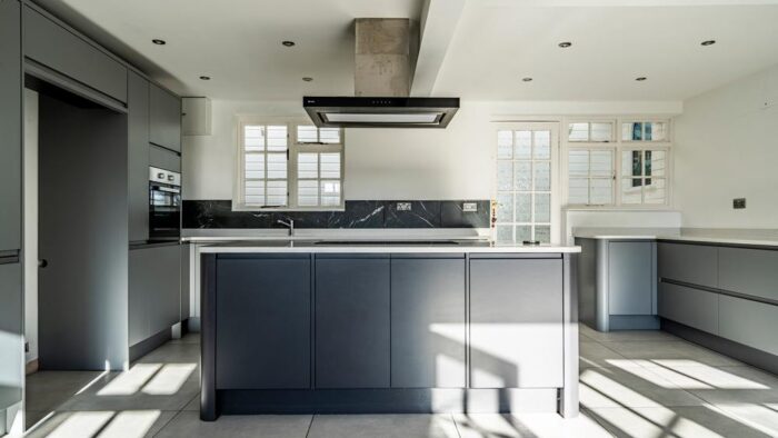 Gaddesby Large Light & Dark Grey Modern Handleless Kitchen & Island All Appliances Blanco Quartz Worktops