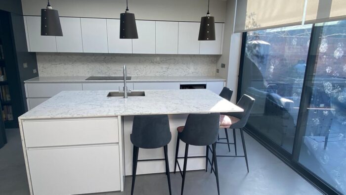 Leicht German Design Lacquered Silk Matt White Merino 103 Handless Kitchen Caeserstone White Attica 5134 Worktops