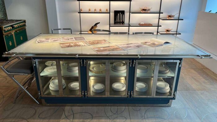 Ex Display Taylor Made Officine Gullo Satin Nickel Brass Blue Grey Matt Entertaining Island Marble Worktop