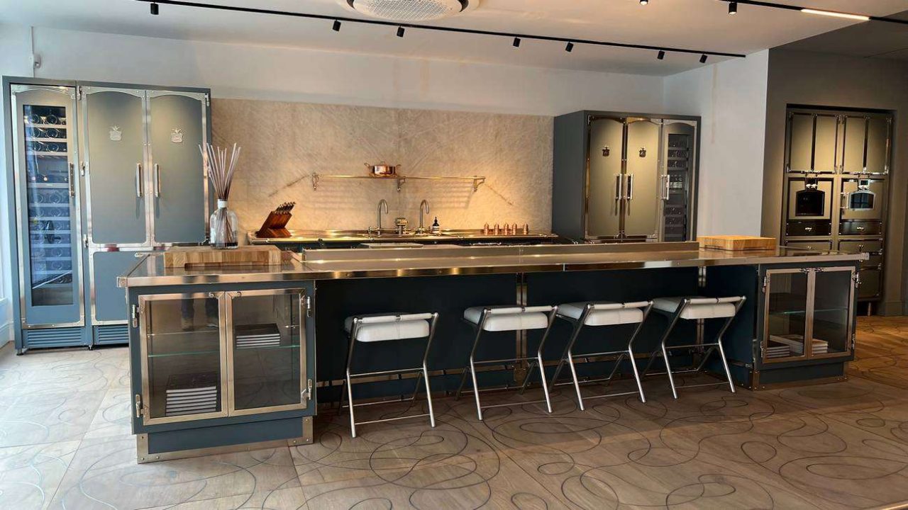 Ex Display Taylor Made Officine Gullo Satin Nickel Brass Blue Grey Matt Kitchen & Professional Cooking Machine Island Gaggenau Appliances Stainless Steel Worktops