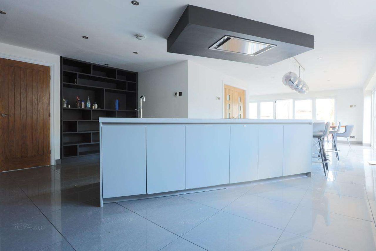 German Bespoke Light Grey & Walnut Effect Kitchen & Large Island Siemens Quooker Appliances Corian Worktops