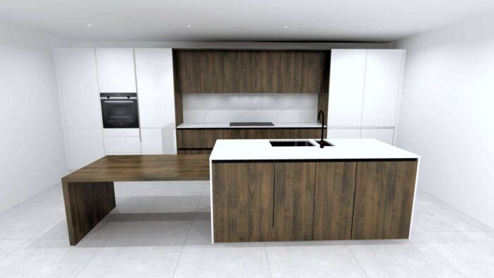 New Hacker Laser Brilliant Polar White & Cognac Vintage Oak Effect Kitchen & Island with White Carcasses