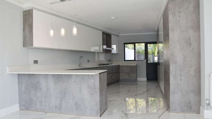 New Unused Grey Concrete - White Gloss Modern Kitchen & Grey Gloss Utility Room select Siemens Appliances Granite Worktops