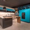 Ex Display Hacker AV6000 RAL Satin Lacquer Black - Turquoise Glass Kitchen & Large Peninsular Breakfast Bar