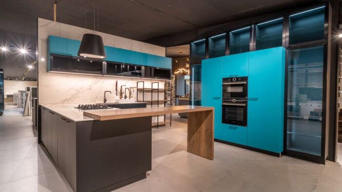 Ex Display Hacker AV6000 RAL Satin Lacquer Black - Turquoise Glass Kitchen & Large Peninsular Breakfast Bar