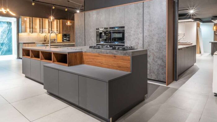 Ex Display Hacker AV8000 Iron Grey - AV2135 Walnut Kitchen & Large Island Neolith - Laminate Worktops Sink & Tap