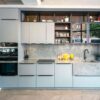 Ex Display Hacker Pearl Grey Walnut Glass Kitchen Caesarstone Turbine Grey Worktops