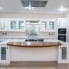 Smallbone Macassar Contemporary Luxury White Walnut Glass Vertical Mirrored Kitchen & Large Matching Island Miele Quooker Appliances Quartz White Worktops