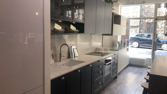 Ex Display Hacker Velvet Blue Glass Champagne Carcass Kitchen – Neff Siemens Appliances - Caesarstone White Attica 20mm Worktops