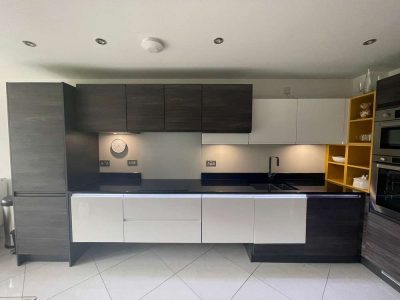 Brooklyn Modern Dark Wood & White Gloss Kitchen Floating Units - Hoover AEG Appliances - Granite Worktops