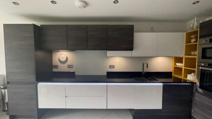 Brooklyn Modern Dark Wood & White Gloss Kitchen Floating Units - Hoover AEG Appliances - Granite Worktops